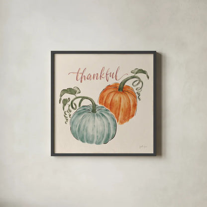Harvest Jewels III Pumpkins by Janelle Penner. Shown in a sleek black glass frame for a contemporary gallery look. Available as an archival giclee rolled canvas, fine art paper, or poster print. SKU 75094a.