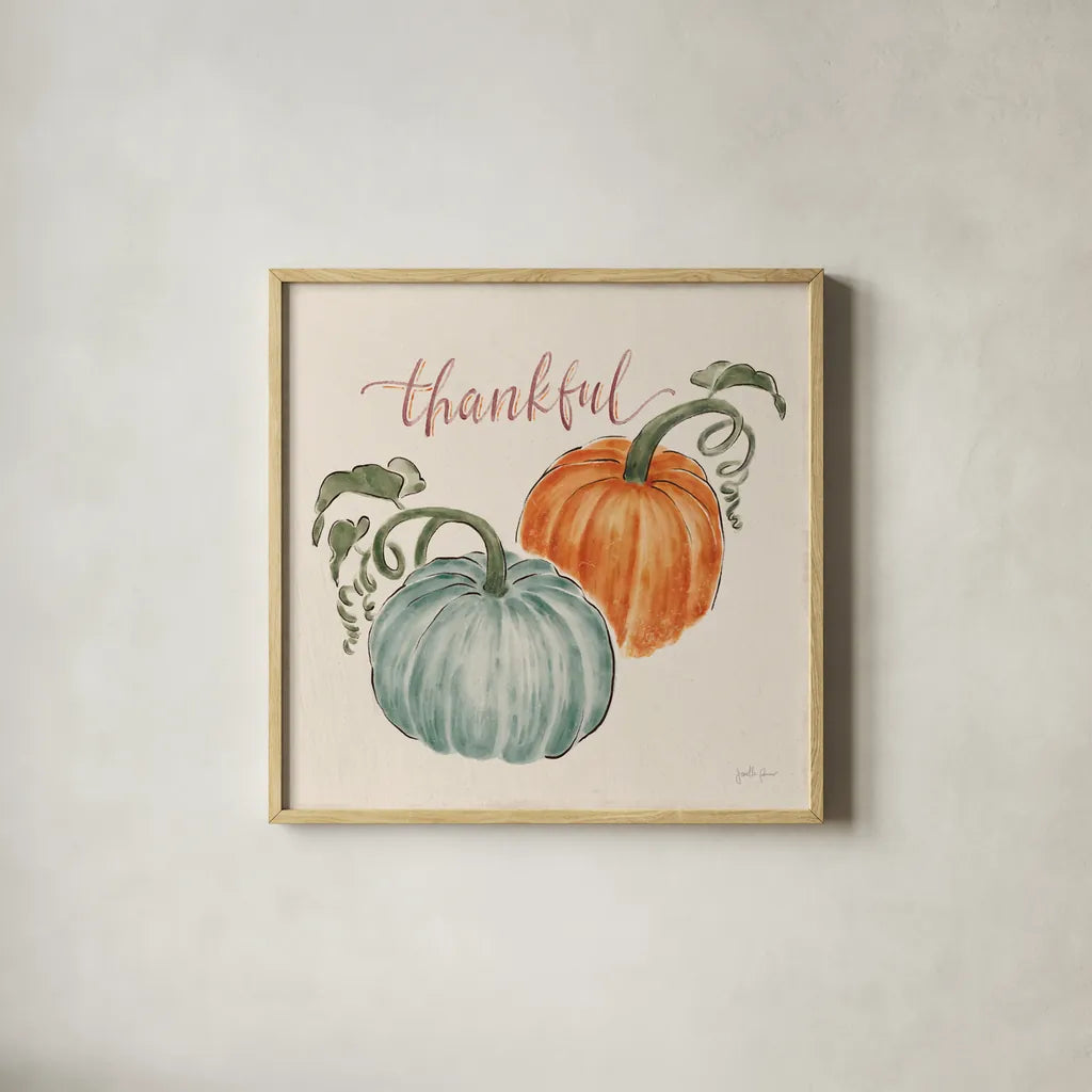 Harvest Jewels III Pumpkins by Janelle Penner. Shown in a natural wood glass frame for a timeless modern aesthetic. Available as an archival giclee rolled canvas, fine art paper, or poster print. SKU 75094a.