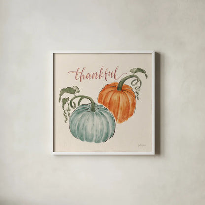 Harvest Jewels III Pumpkins by Janelle Penner. Shown in a crisp white glass frame for a clean and minimalist style. Available as an archival giclee rolled canvas, fine art paper, or poster print. SKU 75094a.