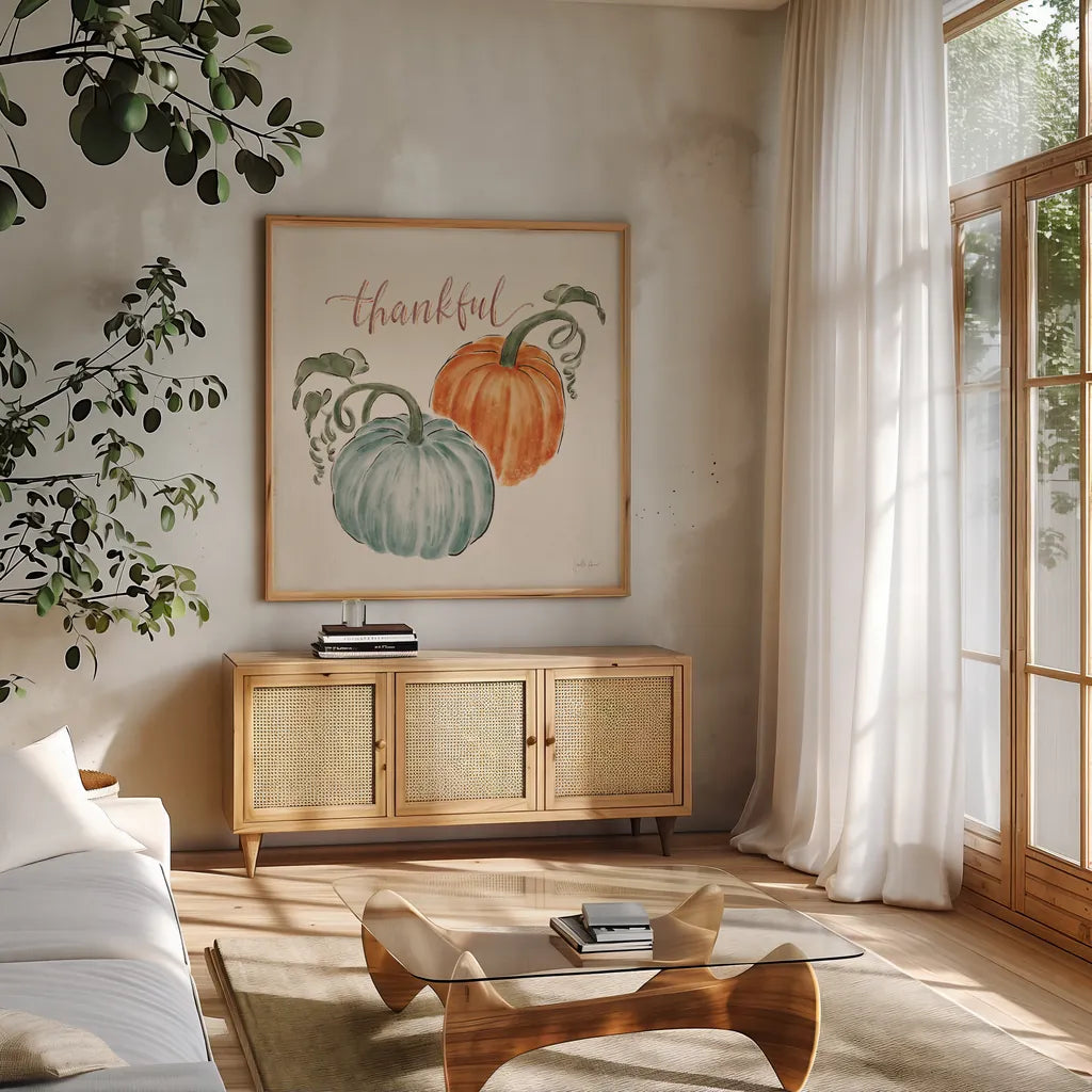 Harvest Jewels III Pumpkins by Janelle Penner. Shown in a natural wood frame in a cozy modern living room. Available as an archival giclee rolled canvas, fine art paper, or poster print. SKU 75094a.