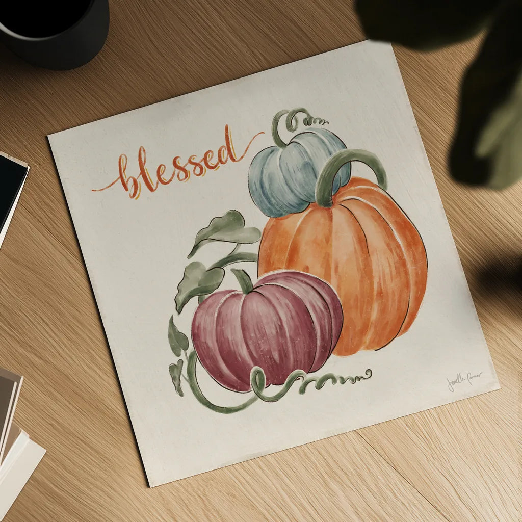 Harvest Jewels IV Pumpkins Sq by Janelle Penner. Shown as a detailed flat fine art print, highlighting archival giclee quality. Available as an archival giclee rolled canvas, fine art paper, or poster print. SKU 75095a.