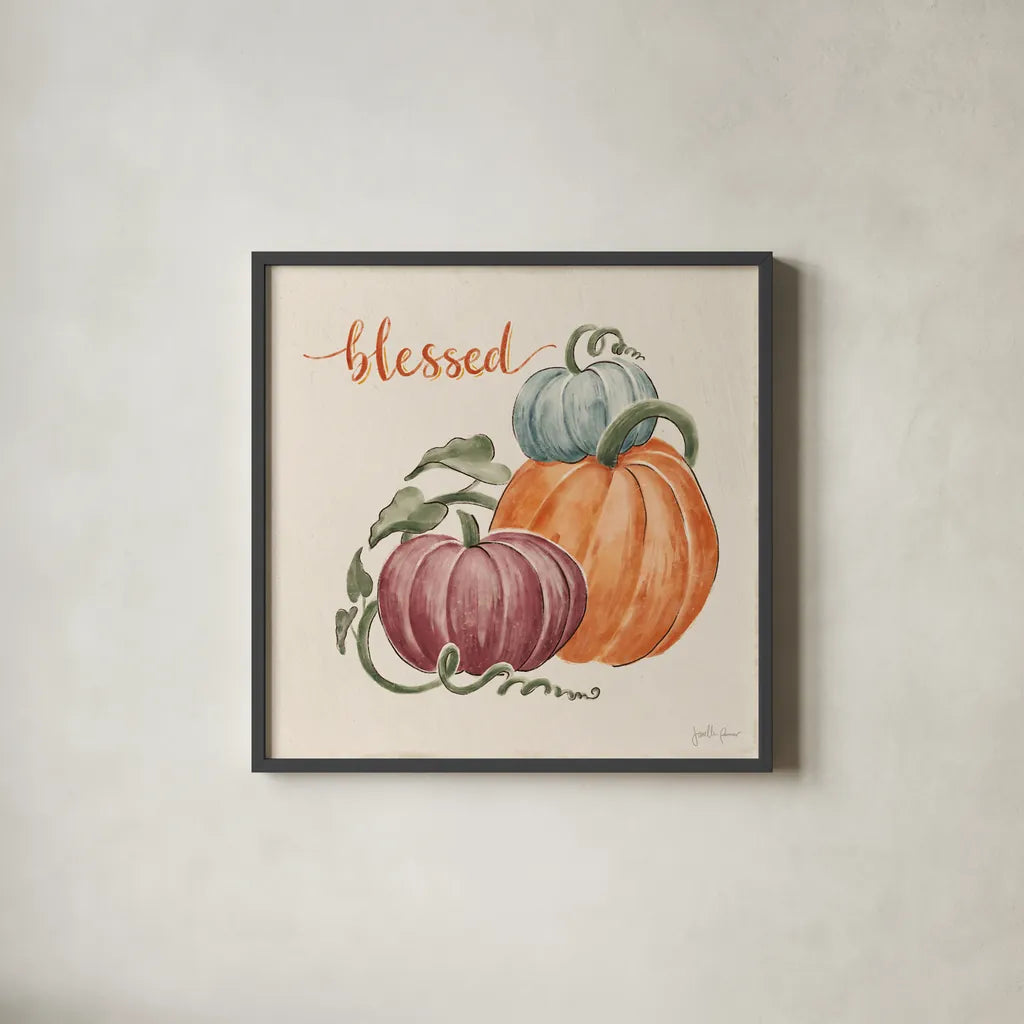 Harvest Jewels IV Pumpkins Sq by Janelle Penner. Shown in a sleek black glass frame for a contemporary gallery look. Available as an archival giclee rolled canvas, fine art paper, or poster print. SKU 75095a.