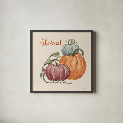 Harvest Jewels IV Pumpkins Sq by Janelle Penner. Shown in a sleek black glass frame for a contemporary gallery look. Available as an archival giclee rolled canvas, fine art paper, or poster print. SKU 75095a.
