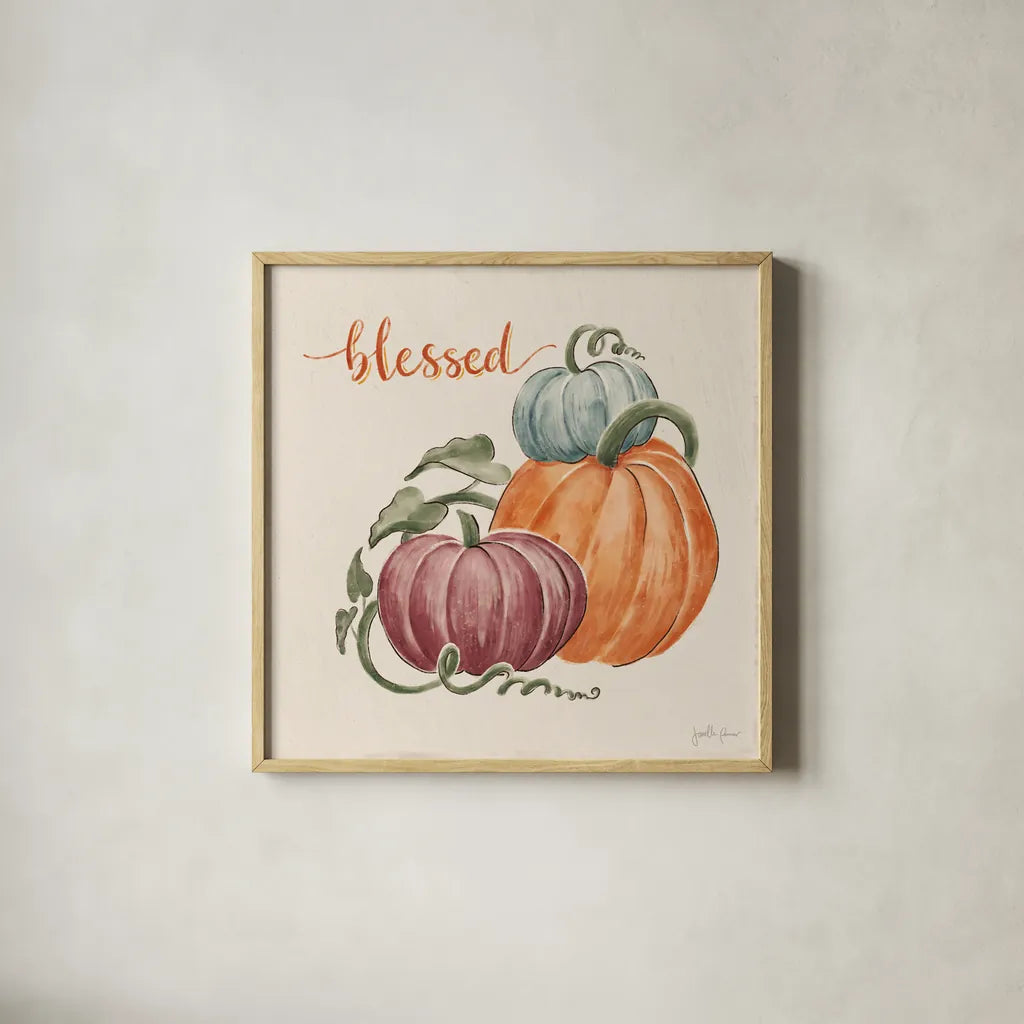 Harvest Jewels IV Pumpkins Sq by Janelle Penner. Shown in a natural wood glass frame for a timeless modern aesthetic. Available as an archival giclee rolled canvas, fine art paper, or poster print. SKU 75095a.