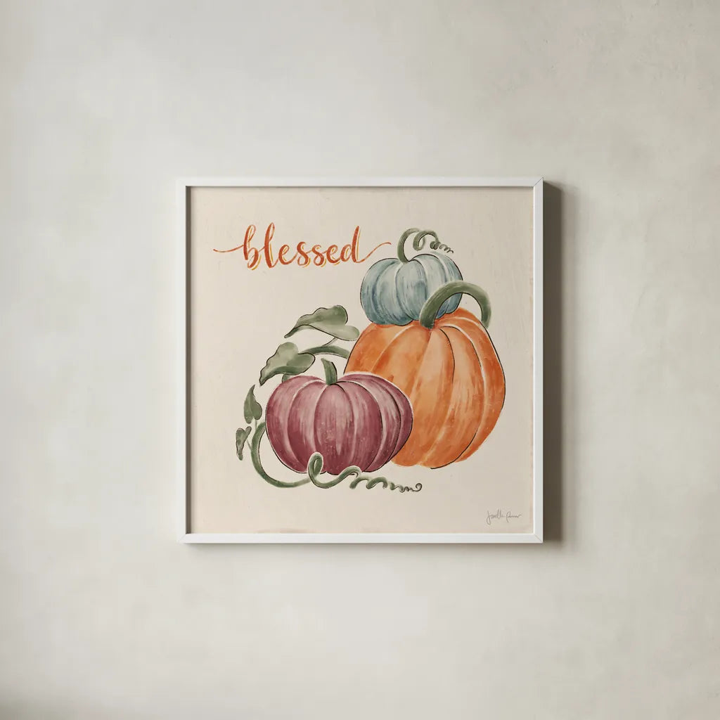 Harvest Jewels IV Pumpkins Sq by Janelle Penner. Shown in a crisp white glass frame for a clean and minimalist style. Available as an archival giclee rolled canvas, fine art paper, or poster print. SKU 75095a.