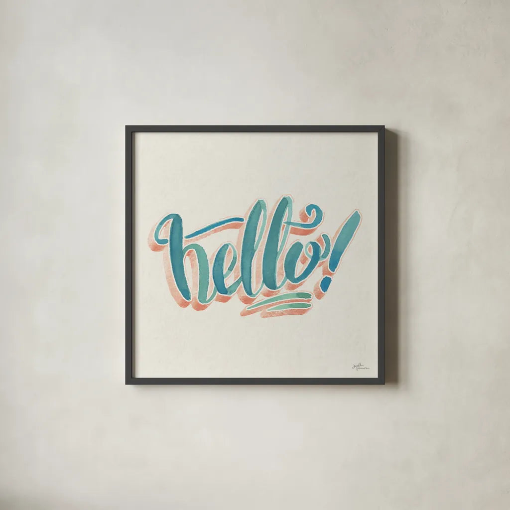 Hello I by Janelle Penner. Shown in a sleek black glass frame for a contemporary gallery look. Available as an archival giclee rolled canvas, fine art paper, or poster print. SKU 59904a.