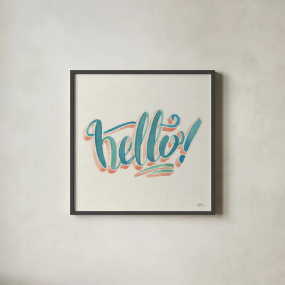 Hello I by Janelle Penner. Shown in a sleek black glass frame for a contemporary gallery look. Available as an archival giclee rolled canvas, fine art paper, or poster print. SKU 59904a.