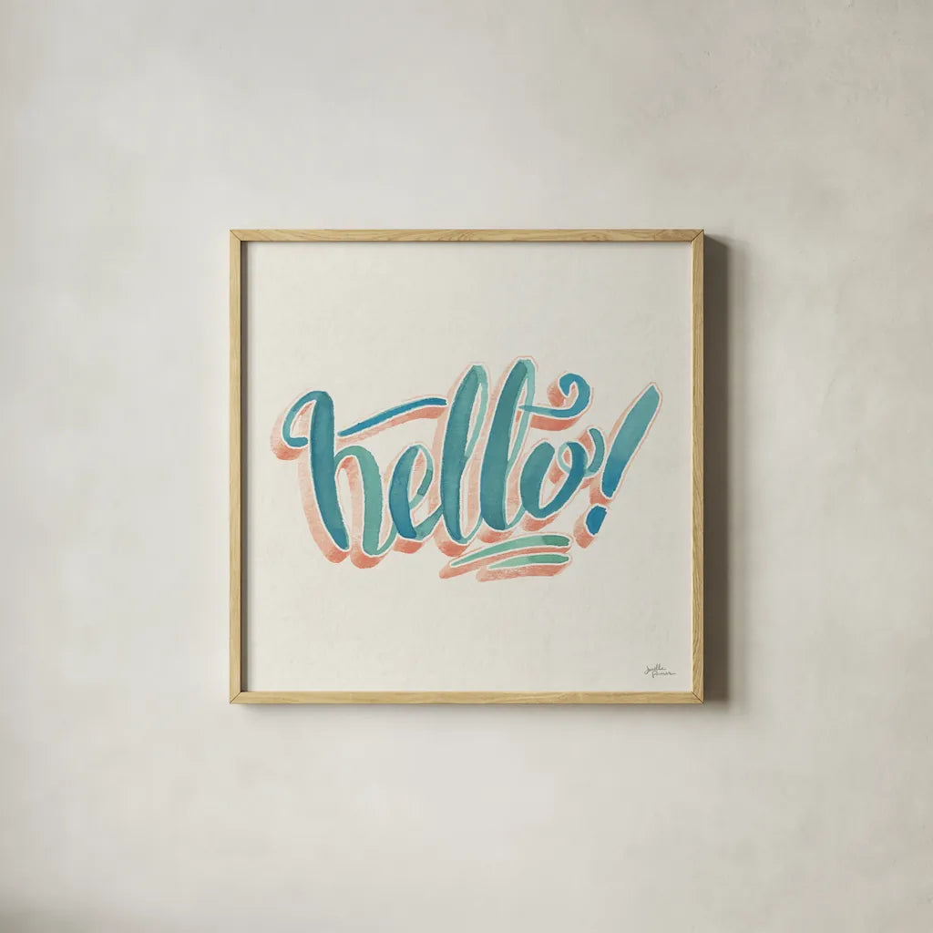 Hello I by Janelle Penner. Shown in a natural wood glass frame for a timeless modern aesthetic. Available as an archival giclee rolled canvas, fine art paper, or poster print. SKU 59904a.