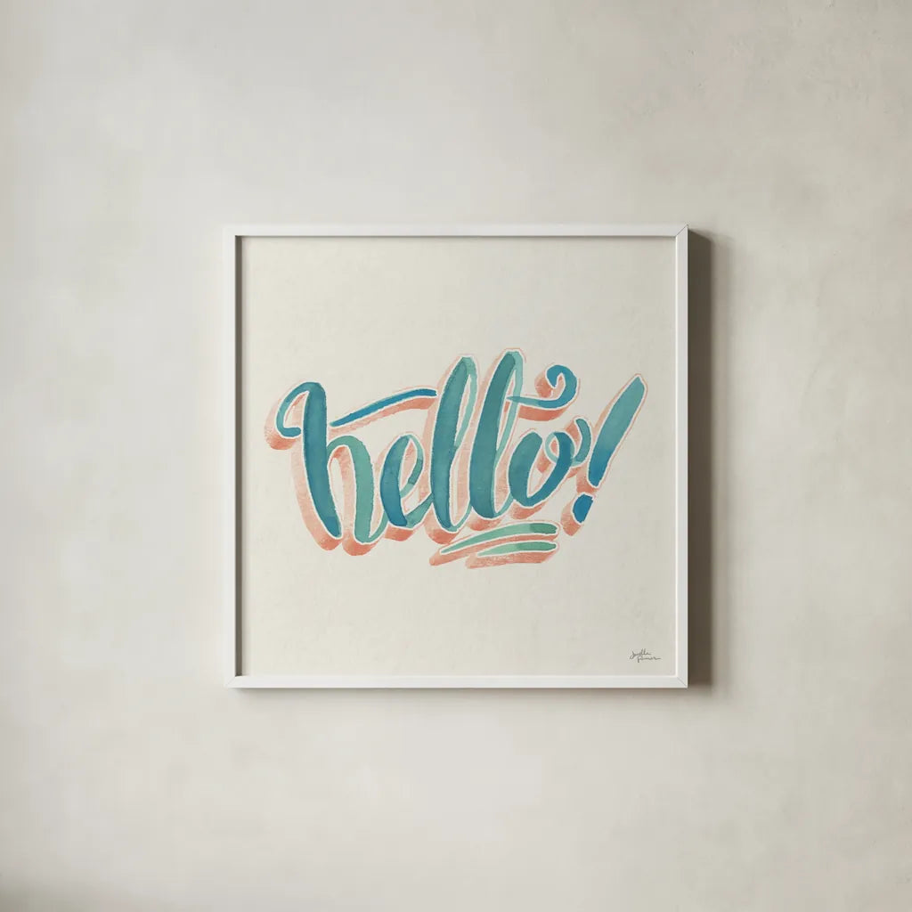 Hello I by Janelle Penner. Shown in a crisp white glass frame for a clean and minimalist style. Available as an archival giclee rolled canvas, fine art paper, or poster print. SKU 59904a.