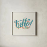Hello I by Janelle Penner. Shown in a crisp white glass frame for a clean and minimalist style. Available as an archival giclee rolled canvas, fine art paper, or poster print. SKU 60811a.