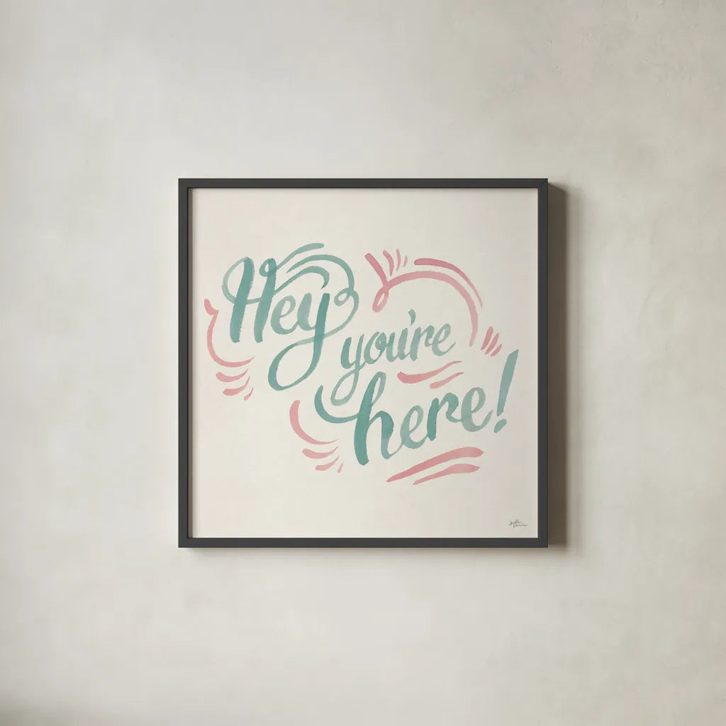 Hey I by Janelle Penner. Shown in a sleek black glass frame for a contemporary gallery look. Available as an archival giclee rolled canvas, fine art paper, or poster print. SKU 63191a.