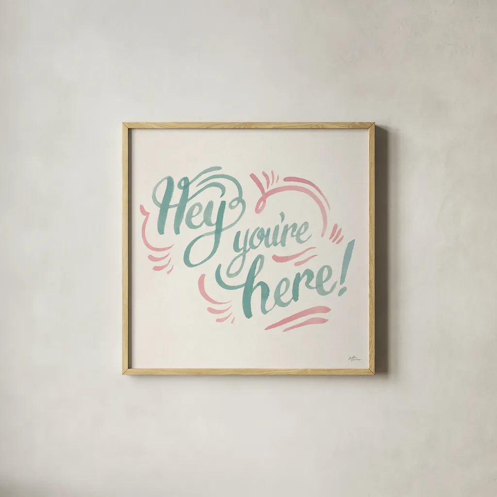 Hey I by Janelle Penner. Shown in a natural wood glass frame for a timeless modern aesthetic. Available as an archival giclee rolled canvas, fine art paper, or poster print. SKU 63191a.