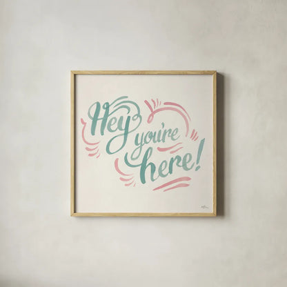 Hey I by Janelle Penner. Shown in a natural wood glass frame for a timeless modern aesthetic. Available as an archival giclee rolled canvas, fine art paper, or poster print. SKU 63191a.