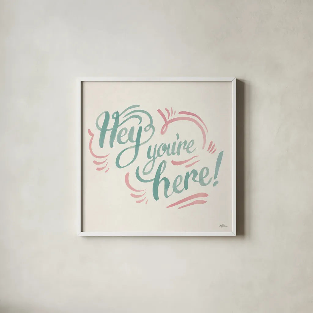Hey I by Janelle Penner. Shown in a crisp white glass frame for a clean and minimalist style. Available as an archival giclee rolled canvas, fine art paper, or poster print. SKU 63191a.