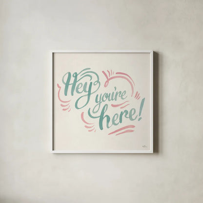 Hey I by Janelle Penner. Shown in a crisp white glass frame for a clean and minimalist style. Available as an archival giclee rolled canvas, fine art paper, or poster print. SKU 63191a.
