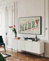 Holiday Joy I by Janelle Penner. shown as a framed stretched canvas in a living room above a console. Available as a archival giclee rolled canvas, fine art paper, or poster print. SKU 43687i.