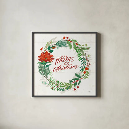 Holiday Joy I Merry Christmas by Janelle Penner. Shown in a sleek black glass frame for a contemporary gallery look. Available as an archival giclee rolled canvas, fine art paper, or poster print. SKU 47612a.