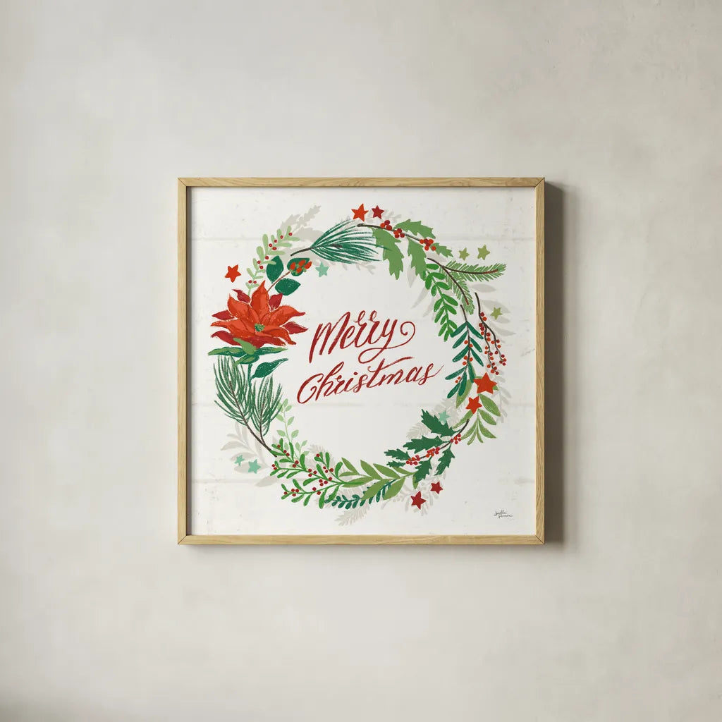Holiday Joy I Merry Christmas by Janelle Penner. Shown in a natural wood glass frame for a timeless modern aesthetic. Available as an archival giclee rolled canvas, fine art paper, or poster print. SKU 47612a.
