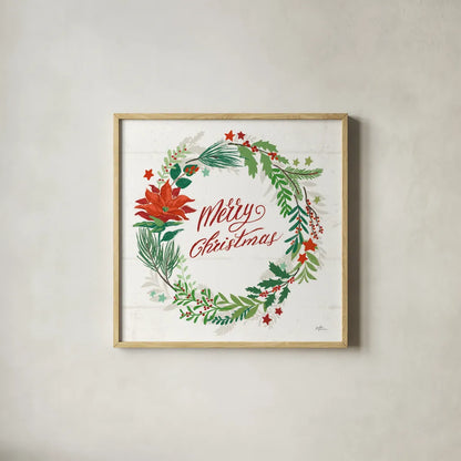 Holiday Joy I Merry Christmas by Janelle Penner. Shown in a natural wood glass frame for a timeless modern aesthetic. Available as an archival giclee rolled canvas, fine art paper, or poster print. SKU 47612a.