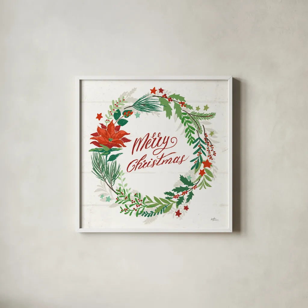 Holiday Joy I Merry Christmas by Janelle Penner. Shown in a crisp white glass frame for a clean and minimalist style. Available as an archival giclee rolled canvas, fine art paper, or poster print. SKU 47612a.