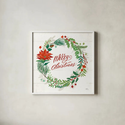 Holiday Joy I Merry Christmas by Janelle Penner. Shown in a crisp white glass frame for a clean and minimalist style. Available as an archival giclee rolled canvas, fine art paper, or poster print. SKU 47612a.