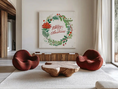 Holiday Joy I Merry Christmas by Janelle Penner. Shown as extra-large giant wall art in a modern living room. Available as an archival giclee rolled canvas, fine art paper, or poster print. SKU 47612a.