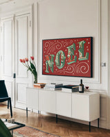 Holiday Joy II by Janelle Penner. shown as a framed stretched canvas in a living room above a console. Available as a archival giclee rolled canvas, fine art paper, or poster print. SKU 43688i.