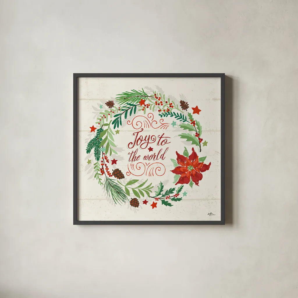 Holiday Joy III by Janelle Penner. Shown in a sleek black glass frame for a contemporary gallery look. Available as an archival giclee rolled canvas, fine art paper, or poster print. SKU 43689a.
