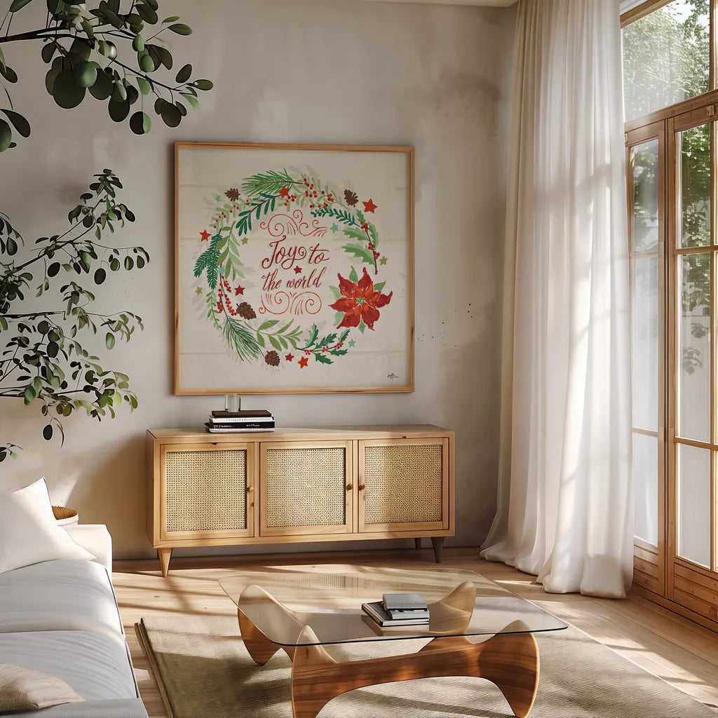 Holiday Joy III by Janelle Penner. Shown in a natural wood frame in a cozy modern living room. Available as an archival giclee rolled canvas, fine art paper, or poster print. SKU 43689a.