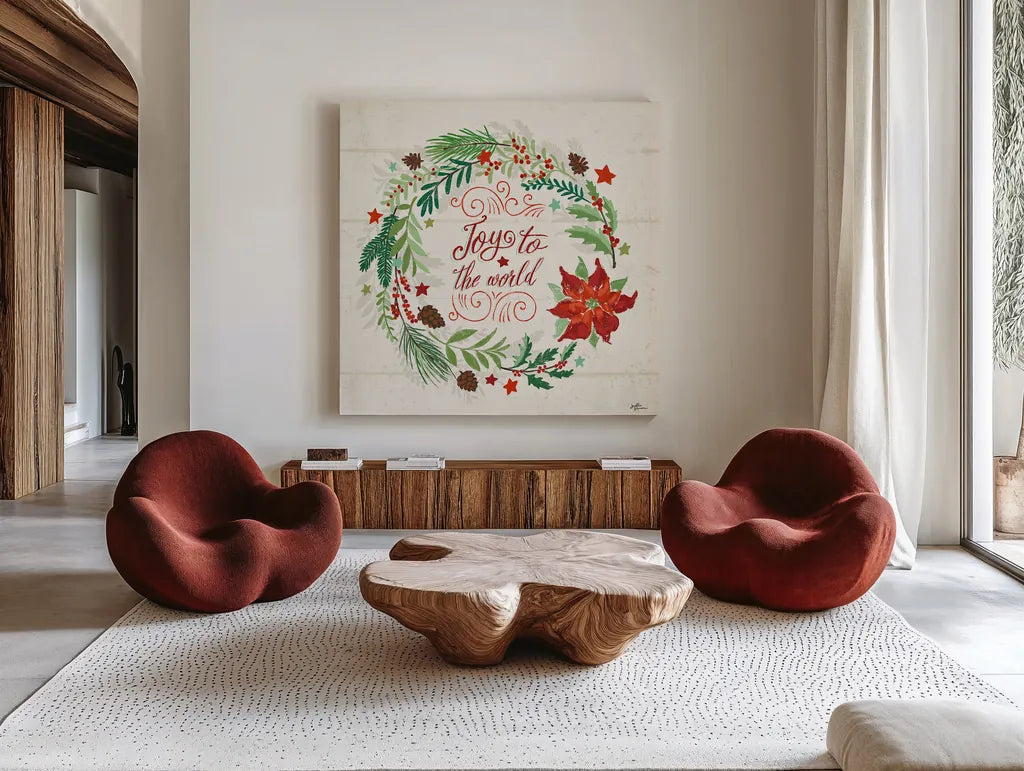 Holiday Joy III by Janelle Penner. Shown as extra-large giant wall art in a modern living room. Available as an archival giclee rolled canvas, fine art paper, or poster print. SKU 43689a.