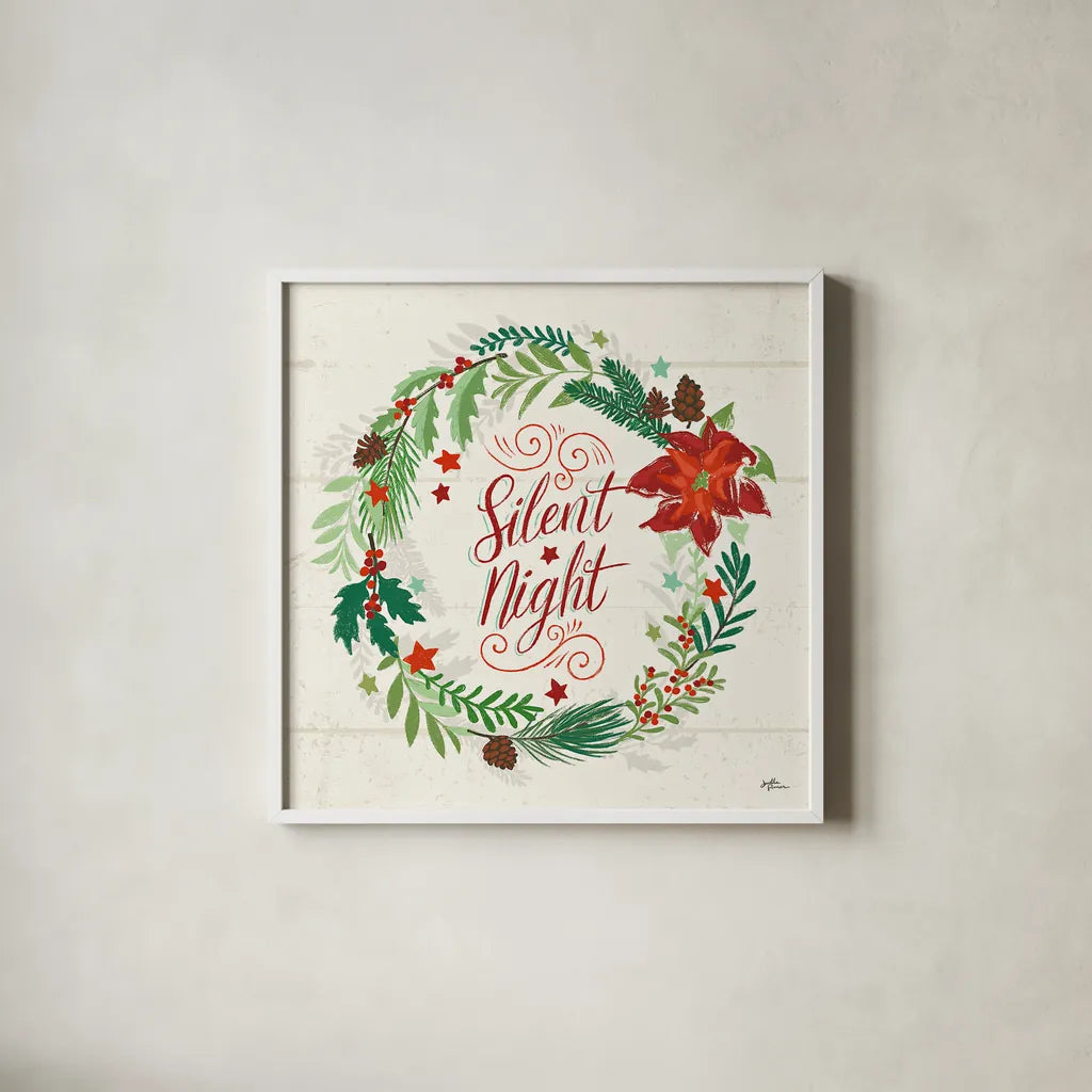 Holiday Joy IV by Janelle Penner. Shown in a crisp white glass frame for a clean and minimalist style. Available as an archival giclee rolled canvas, fine art paper, or poster print. SKU 43690a.