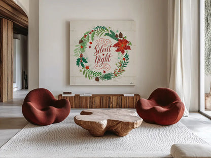 Holiday Joy IV by Janelle Penner. Shown as extra-large giant wall art in a modern living room. Available as an archival giclee rolled canvas, fine art paper, or poster print. SKU 43690a.