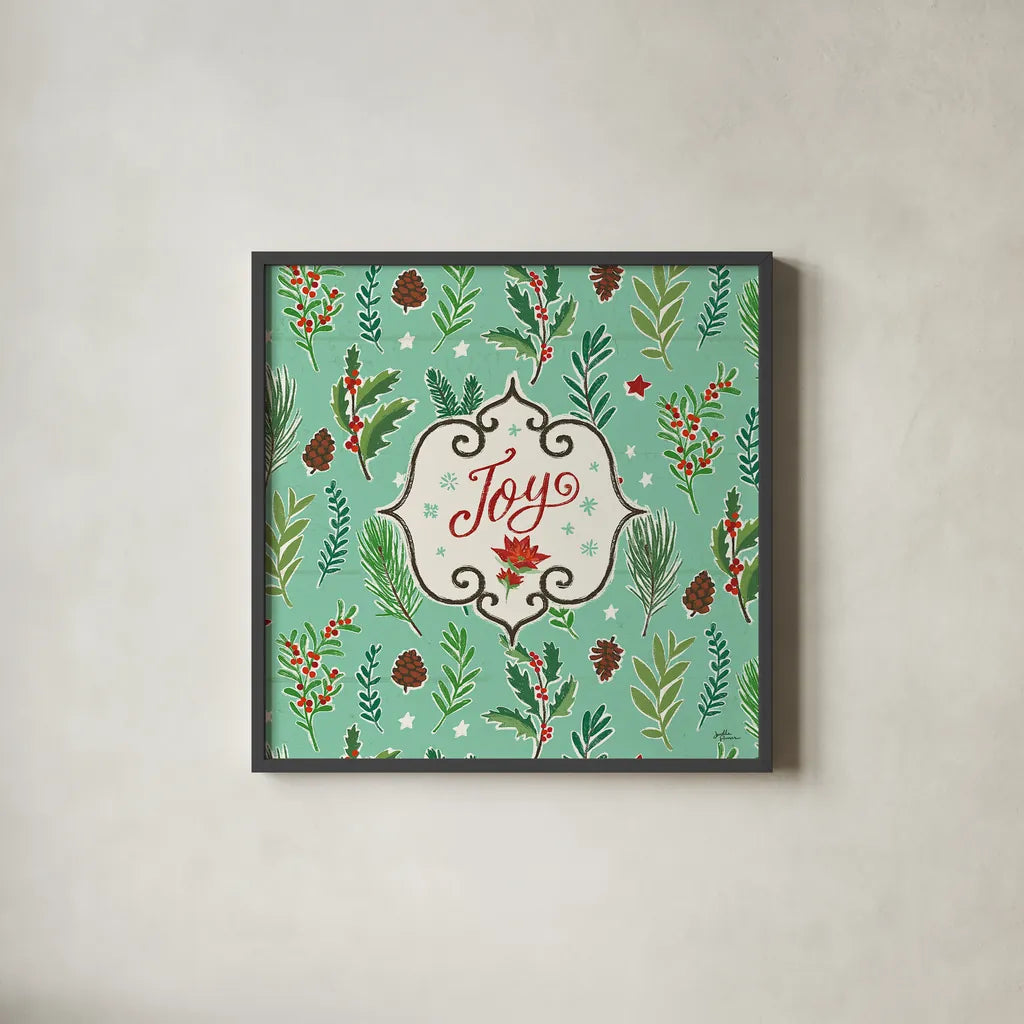 Holiday Joy IX by Janelle Penner. Shown in a sleek black glass frame for a contemporary gallery look. Available as an archival giclee rolled canvas, fine art paper, or poster print. SKU 43695a.