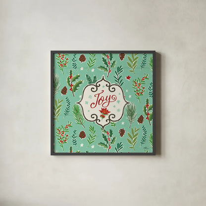 Holiday Joy IX by Janelle Penner. Shown in a sleek black glass frame for a contemporary gallery look. Available as an archival giclee rolled canvas, fine art paper, or poster print. SKU 43695a.