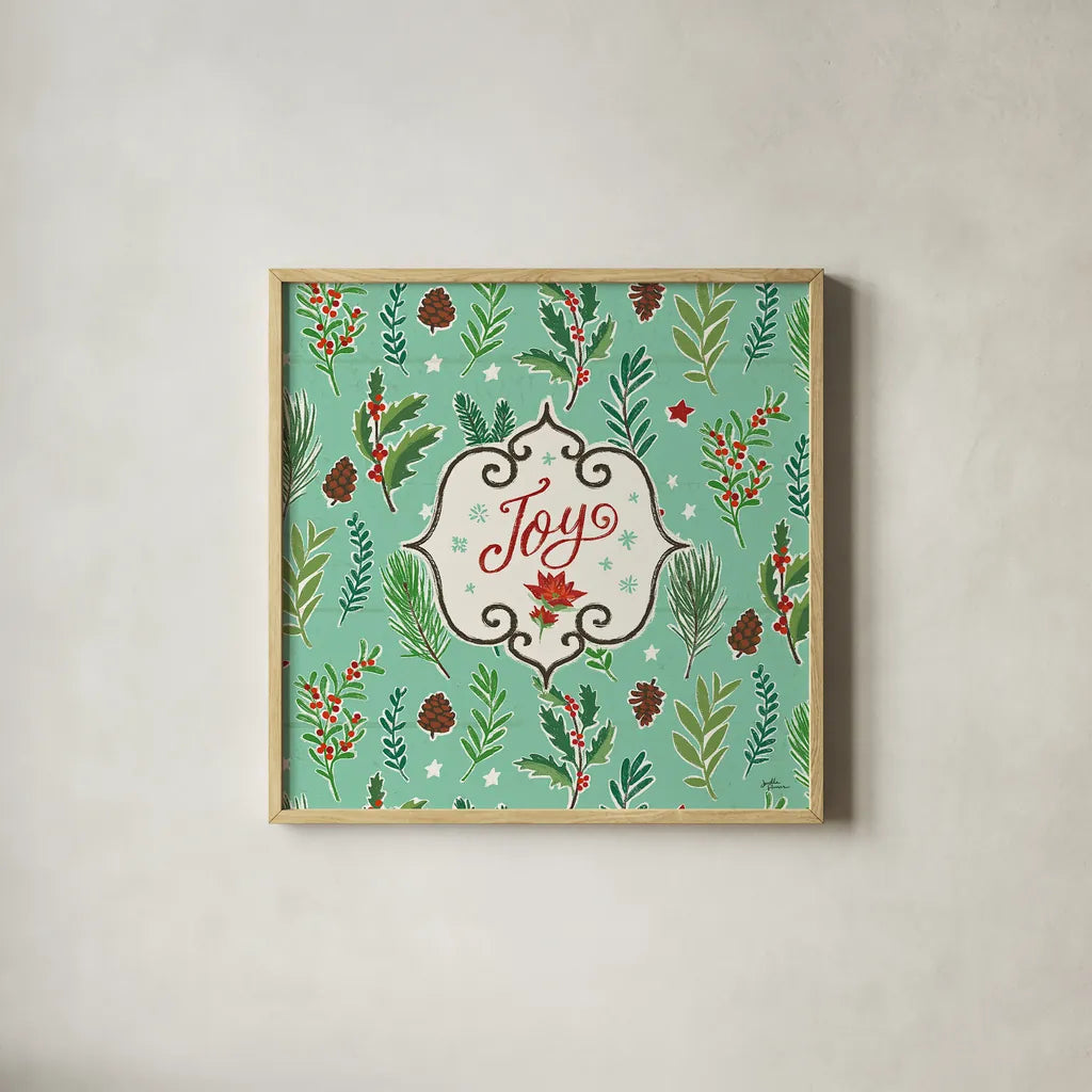 Holiday Joy IX by Janelle Penner. Shown in a natural wood glass frame for a timeless modern aesthetic. Available as an archival giclee rolled canvas, fine art paper, or poster print. SKU 43695a.