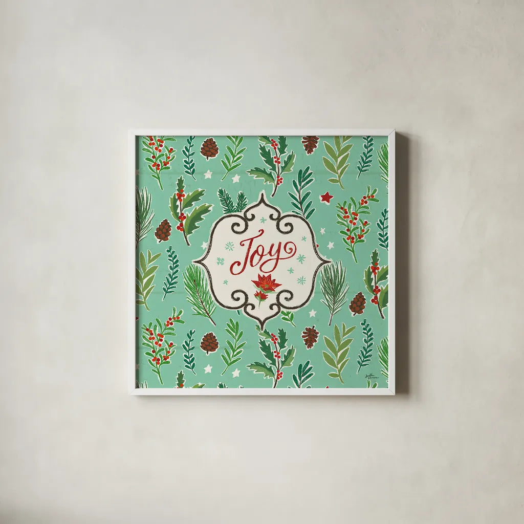Holiday Joy IX by Janelle Penner. Shown in a crisp white glass frame for a clean and minimalist style. Available as an archival giclee rolled canvas, fine art paper, or poster print. SKU 43695a.
