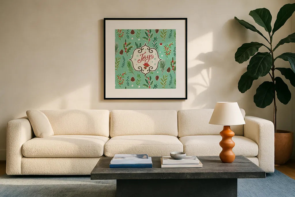 Holiday Joy IX by Janelle Penner. Displayed in a glass frame with matte in a clean modern living room. Available as an archival giclee rolled canvas, fine art paper, or poster print. SKU 43695a.