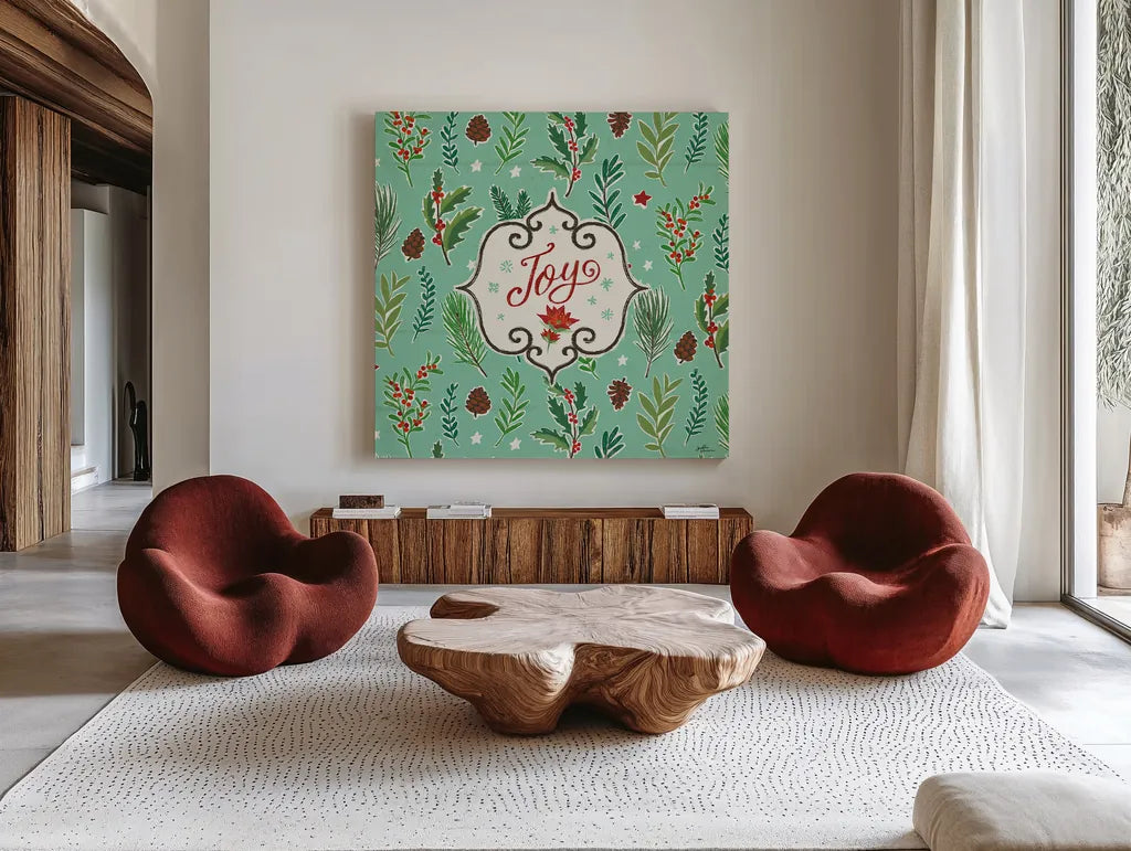 Holiday Joy IX by Janelle Penner. Shown as extra-large giant wall art in a modern living room. Available as an archival giclee rolled canvas, fine art paper, or poster print. SKU 43695a.