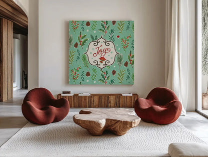 Holiday Joy IX by Janelle Penner. Shown as extra-large giant wall art in a modern living room. Available as an archival giclee rolled canvas, fine art paper, or poster print. SKU 43695a.
