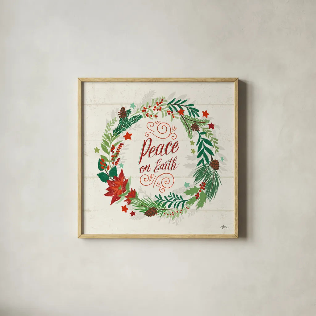 Holiday Joy V by Janelle Penner. Shown in a natural wood glass frame for a timeless modern aesthetic. Available as an archival giclee rolled canvas, fine art paper, or poster print. SKU 43691a.