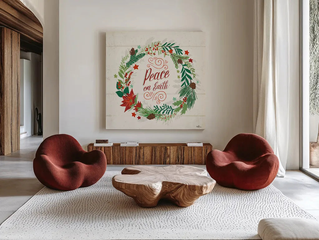 Holiday Joy V by Janelle Penner. Shown as extra-large giant wall art in a modern living room. Available as an archival giclee rolled canvas, fine art paper, or poster print. SKU 43691a.