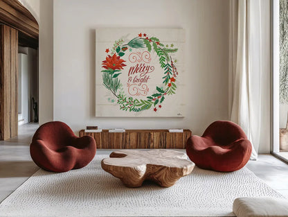 Holiday Joy VI by Janelle Penner. Shown as extra-large giant wall art in a modern living room. Available as an archival giclee rolled canvas, fine art paper, or poster print. SKU 43692a.