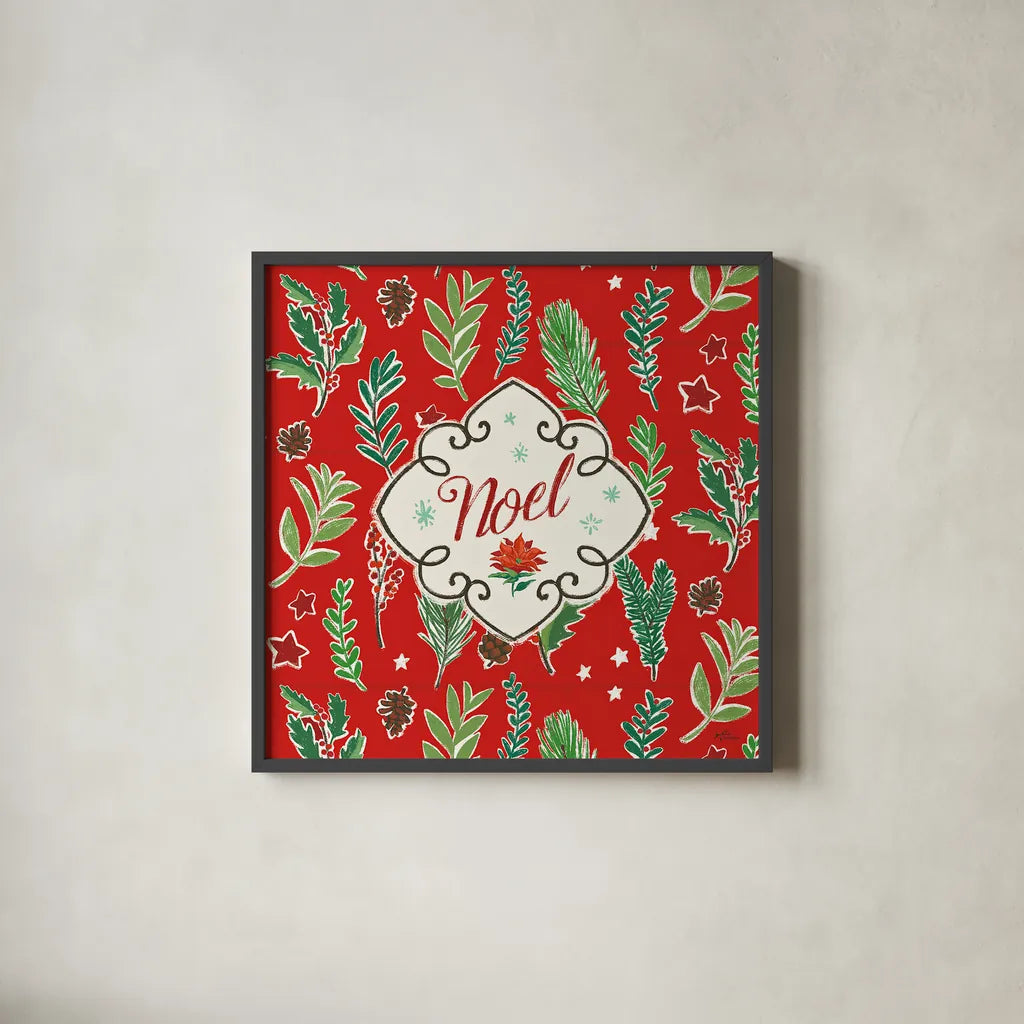 Holiday Joy VIII by Janelle Penner. Shown in a sleek black glass frame for a contemporary gallery look. Available as an archival giclee rolled canvas, fine art paper, or poster print. SKU 43694a.