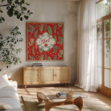 Holiday Joy VIII by Janelle Penner. Shown in a natural wood frame in a cozy modern living room. Available as an archival giclee rolled canvas, fine art paper, or poster print. SKU 43694a.