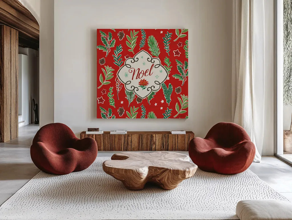 Holiday Joy VIII by Janelle Penner. Shown as extra-large giant wall art in a modern living room. Available as an archival giclee rolled canvas, fine art paper, or poster print. SKU 43694a.