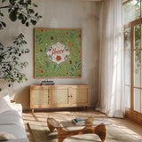 Holiday Joy X by Janelle Penner. Shown in a natural wood frame in a cozy modern living room. Available as an archival giclee rolled canvas, fine art paper, or poster print. SKU 43696a.