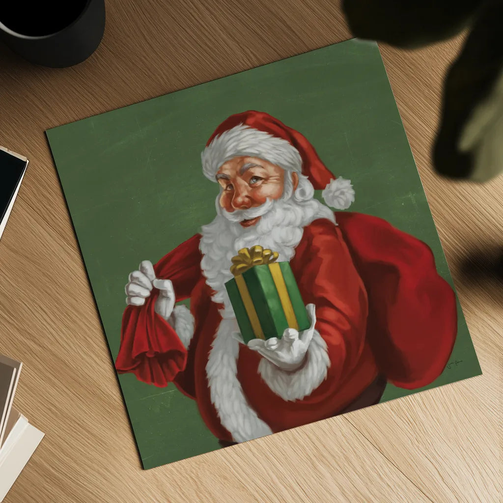 Holiday Santa I by Janelle Penner. Shown as a detailed flat fine art print, highlighting archival giclee quality. Available as an archival giclee rolled canvas, fine art paper, or poster print. SKU 57227a.