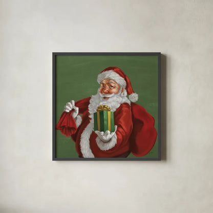Holiday Santa I by Janelle Penner. Shown in a sleek black glass frame for a contemporary gallery look. Available as an archival giclee rolled canvas, fine art paper, or poster print. SKU 57227a.