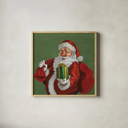 Holiday Santa I by Janelle Penner. Shown in a natural wood glass frame for a timeless modern aesthetic. Available as an archival giclee rolled canvas, fine art paper, or poster print. SKU 57227a.
