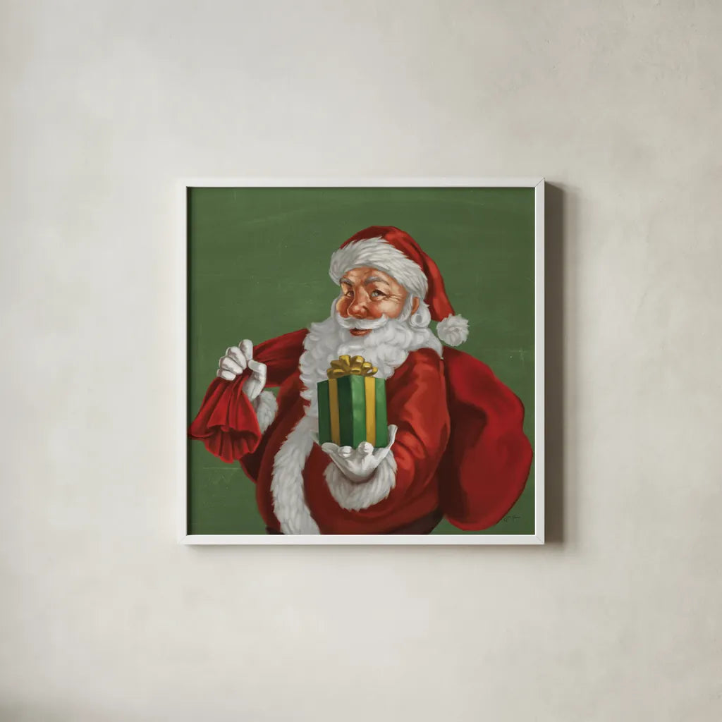 Holiday Santa I by Janelle Penner. Shown in a crisp white glass frame for a clean and minimalist style. Available as an archival giclee rolled canvas, fine art paper, or poster print. SKU 57227a.